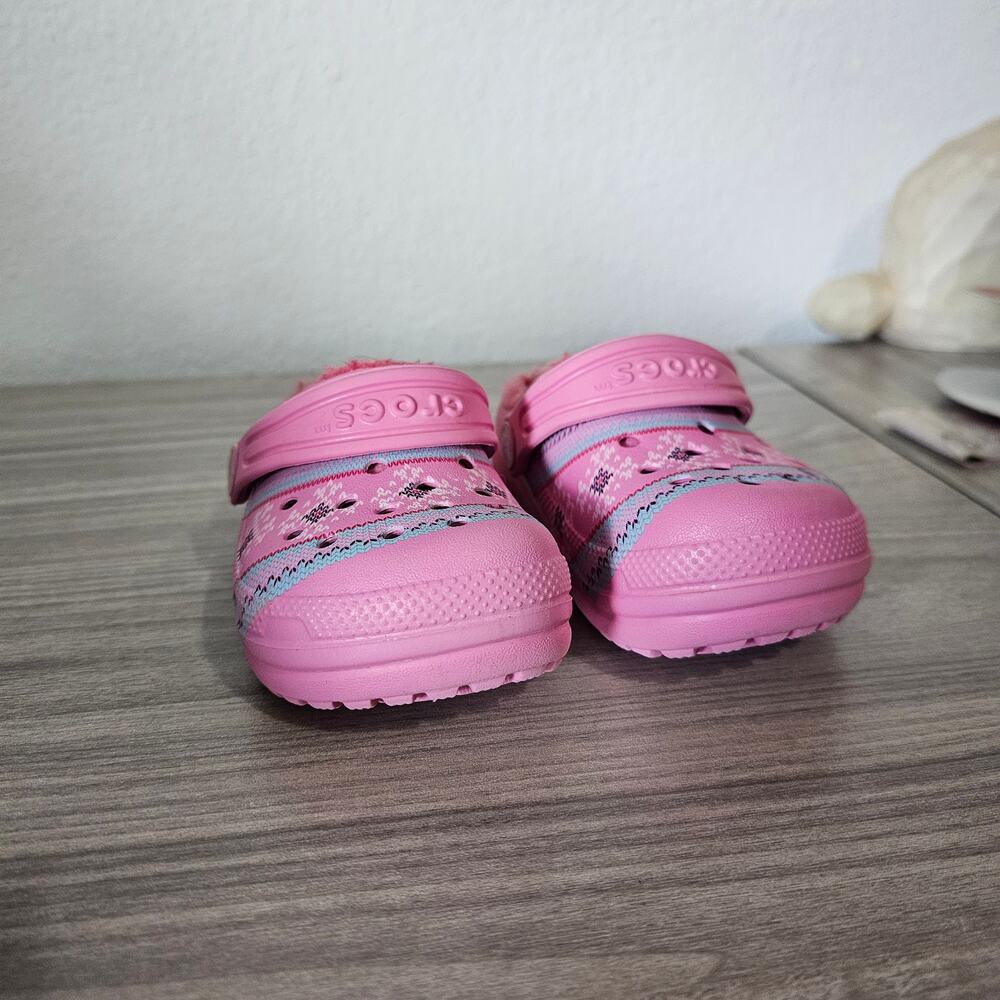 Crocs Pink Blue Sweater Print Detail Fuzzy Lined Clog Little Kids Toddler C6
